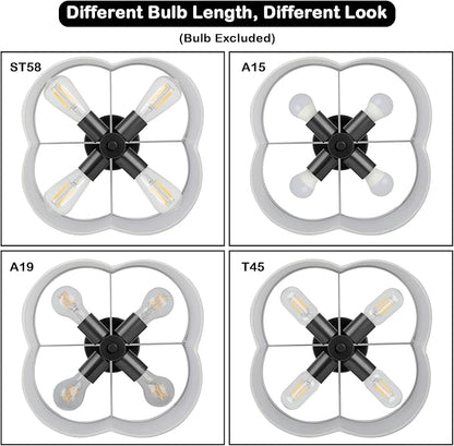 4-Light 14.4'' Semi Flush Mount Ceiling Light Fixture, Black Modern Close to Ceiling Lamp with White Fabric Shade, Farmhouse Bright Lighting for Nursery Kids Room Bedroom Hallway Entryway