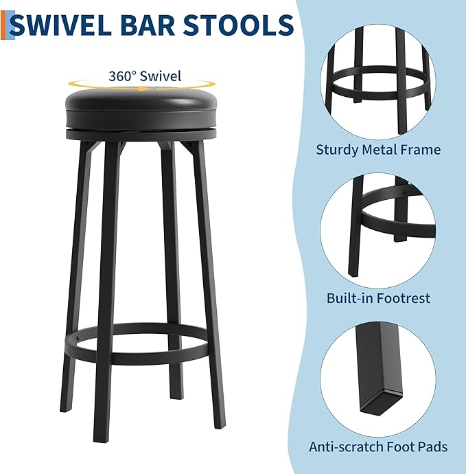 GAOMON 30 inch Swivel Bar Stools Set of 2, Counter Height Barstool with Footrest and PU Leather Upholstery, Metal Frame, Kitchen Barstools for Kitchen Island, Home Bar, Black