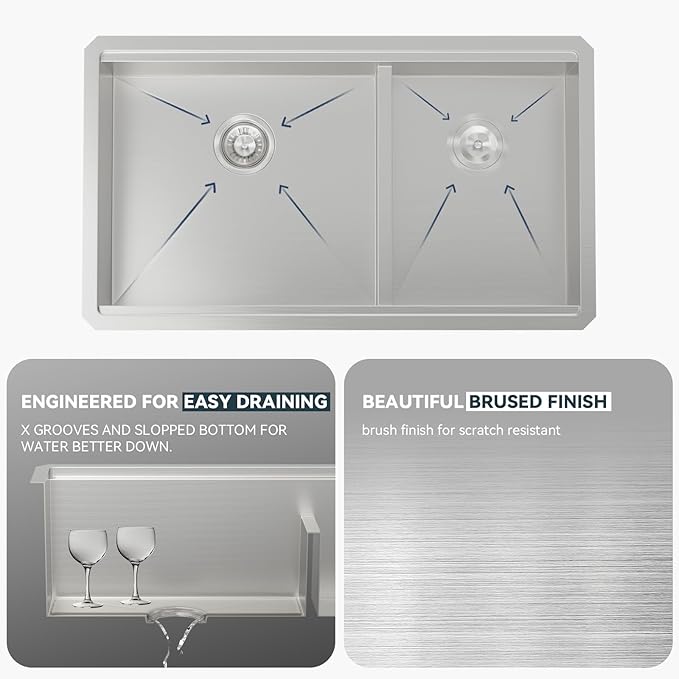 Lordear Undermount Double Kitchen Sink 32 Inch 16 Gauge Undermount Workstation 60/40 Double Bowl Sink Stainless Steel with Smart Low Divider 32x19 Inch Double Basin Kitchen Sinks Handmade