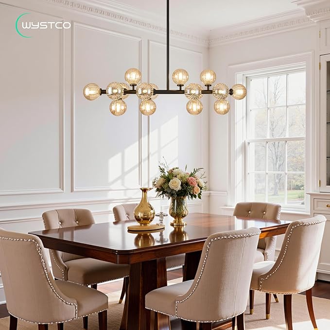 16-Light Globe Sputnik Chandelier, Linear Dining Room Light Fixture Over Table, Mid Century Modern Black Chandeliers for Dining Living Room, Kitchen Island Lighting (Amber Bubble, 40 Inch)