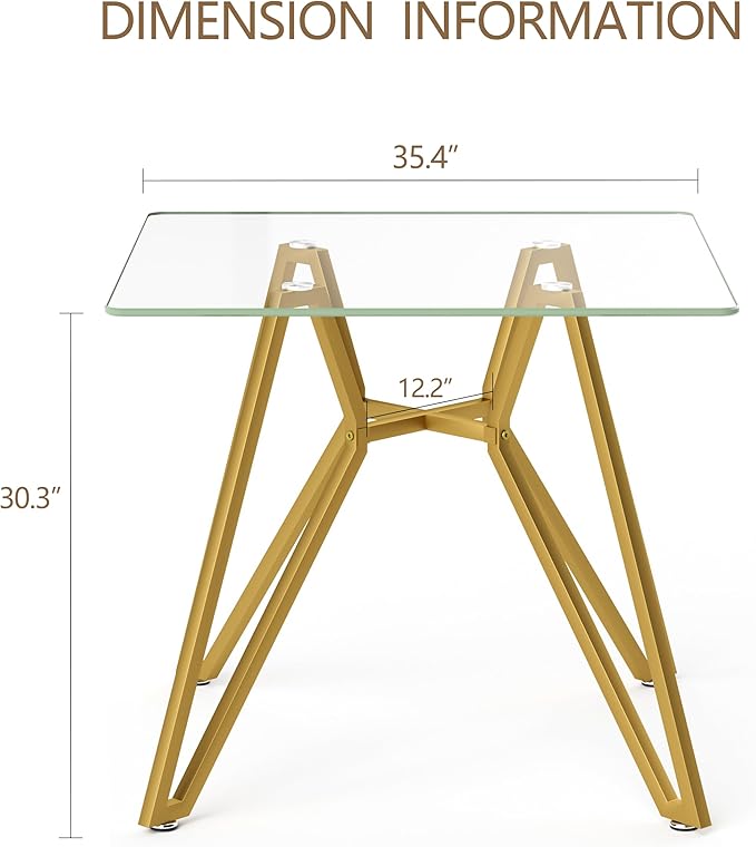 Glass Dining Table,35.4'' Square Dining Kitchen Table,Modern Dining Room Table with Gold Metal Base for Dining Room (Gold,35.4'',Square)