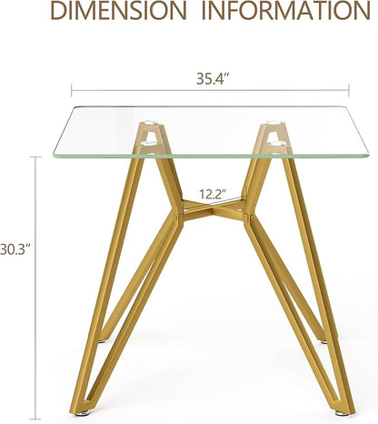 Glass Dining Table,35.4'' Square Dining Kitchen Table,Modern Dining Room Table with Gold Metal Base for Dining Room (Gold,35.4'',Square)