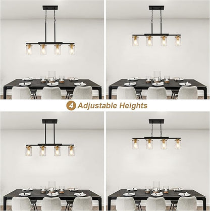 4-Light Kitchen Island Lighting,Dining Room Lights Modern Farmhouse Chandelier with Clear Glass Shade,Modern Rustic Black and Gold Metal Chandelier, Kitchen Pendant Light Fixtures Over Table
