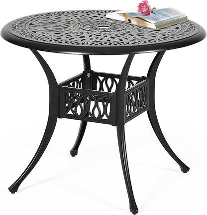 DWVO 35 Inch Outdoor Dining Table Cast Aluminum, Patio Round Bistro Table with Umbrella Hole for Backyard, Garden, Patio, Porch, Black