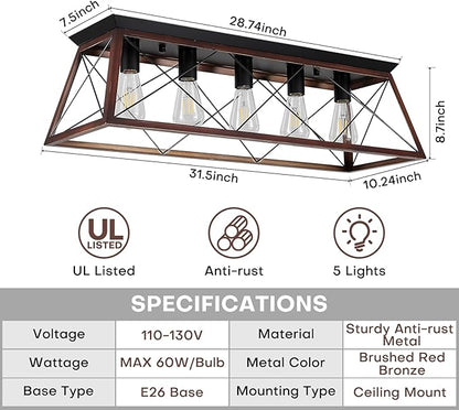 31.5" Flush Mount Ceiling Light, 5-Light Industrial Vintage Chandelier with Matte Black & Brushed Bronze Finish, Large Close to Ceiling Lighting for Dining Room, Kitchen Island, Living Room, Hallway