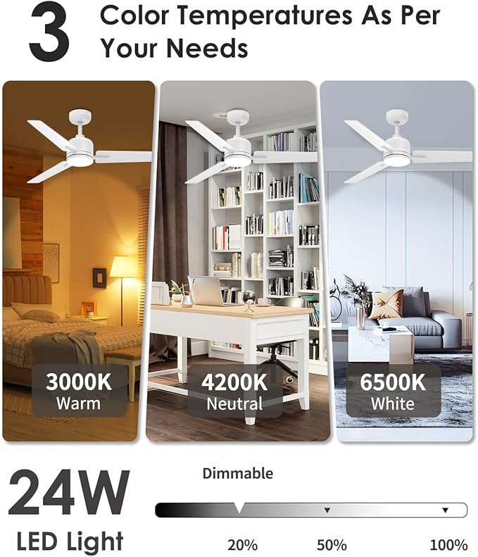 52 Inch White Ceiling Fan with Lights and Remote, Modern DC Motor Ceiling Fan with 3 Reversible White/Natural Wood Blades, 3CCT Dimmable LED, 6 Speeds, Quiet Fan for Nursery, Bedroom, Patio