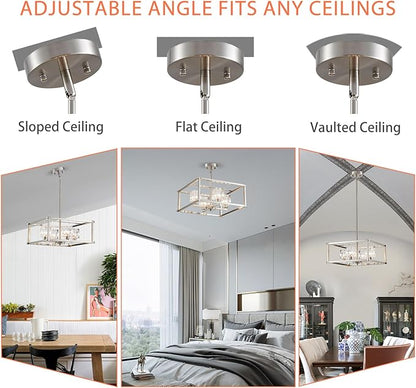 4-Light Farmhouse Chandelier for Dining Room, Modern Brushed Nickel Light Fixture,Pendant Light for Kitchen, Living Room, Hallway, Bedroom, Foyer, Stylish Home Décor
