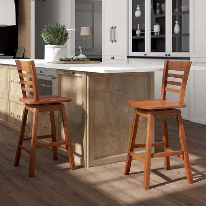 Giantex Wood Bar Stools Set of 2, 24.5" Swivel Counter Height Bar Stools with Slatted Hollow Back & Ergonomic Contoured Seat, Footrest, Farmhouse Wooden Barstools for Kitchen Island, Bar, Cafe, Walnut
