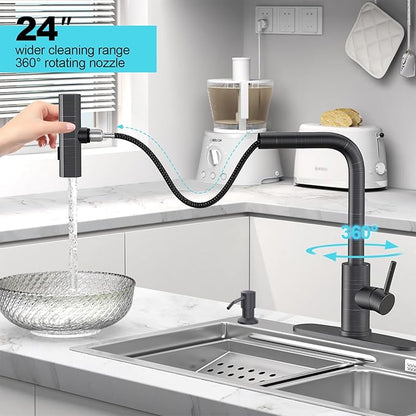 AVSIILE Kitchen Faucets with Pull Down Sprayer & Soap Dispenser, Single Hole & Handle, Oil Rubbed Bronze, Pull Out Tap, Stainless Steel Waterfall Sink Faucet Suitable for Farmhouse Camper Laundry Rv