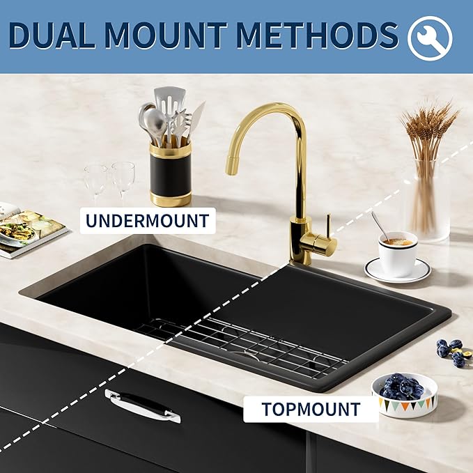 Black Bar Sink 13 x 15 Inch, Matte Black Granite Composite Undermount Kitchen Sinks, 13'' x 15'' Quartz Stone Small Kitchen Sinks With Sink Drain Assembly and Sink Bottom Grid