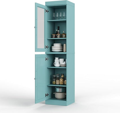 Palace Imports Solid Wood Kitchen Pantry - Narrow Storage Cabinet - 16.5" Wide x 71.5" Tall - 1 Raised Panel & 1 Glass Door, Sage, Adjustable Shelves, 100% Eco-Friendly Wood, Modular Cabinets