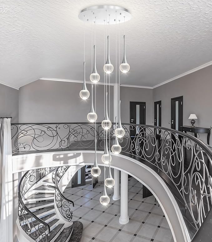 12 Light High Ceiling Crystal Chandelier Dimmable LED Pendant Lights with Remote Adjustable Chandeliers for Foyer Staircase Living Room Silver