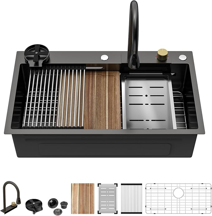 33 Inch Black Waterfall Kitchen Sink Drop In Smart Workstation Kitchen Sink 33X19 Inch 16 Guage Stainless Steel Single Bowl Multifunctional Sinks and Waterfall Faucet Combo Set with Cup Washer