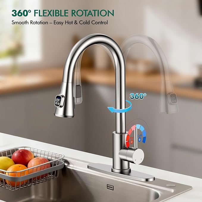 HOMELODY LED Temperature Display Kitchen Faucet with Pull Down Sprayer - Brushed Nickel Single Handle Kitchen Sink Faucet, High Arc Stainless Steel Design for RV Laundry Farmhouse Bar