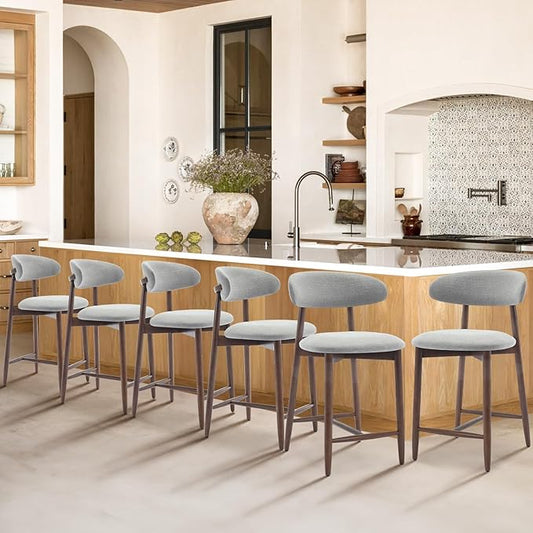 COLAMY Upholstered Counter Height Bar Stools Set of 6, Kitchen Island Stools with Back, Modern Counter Stools Island Bar Chairs with Wood Legs for Kitchen Island Dining Room Bar, Light Grey