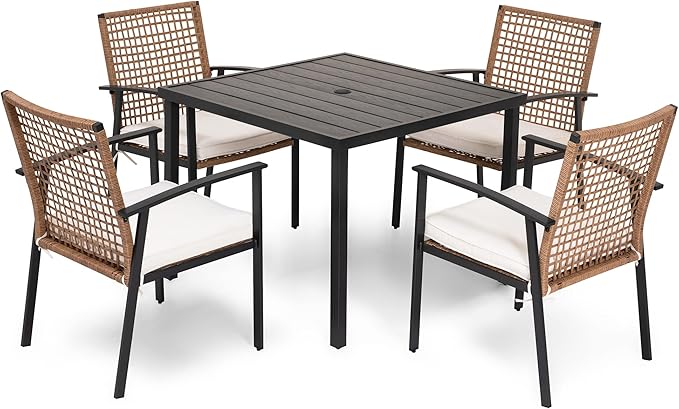 LAUSAINT HOME 5 Pieces Outdoor Patio Dining Set, Wicker Patio Furniture Set of 4 Chairs with Soft Cushion and Square Table with Umbrella Hole, Conversation Set for Backyard, Garden and Poolside