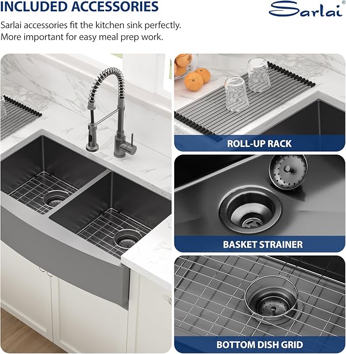 Sarlai Black Farmhouse Sink 33 Inch Double Bowl - 33x21 inch Apron Front Kitchen Sink Double Bowl 50/50 Gunmetal Black Stainless Steel 16 Gauge Round Corner Farm Farmer Kitchen Sinks