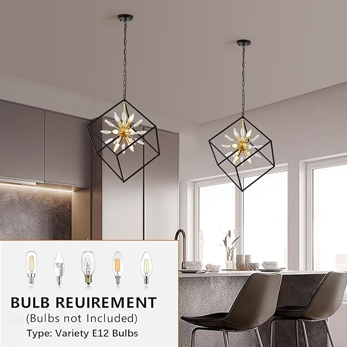 Farmhouse Chandelier,6-Lights Industrial Rustic Dining Room Pendant Light,Adjustable Hanging Candle Light Fixtures for Kitchen Island Living Room Foyer (Black/Gold/Crystal-6 Lights)