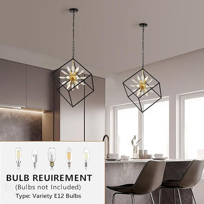 Farmhouse Chandelier,6-Lights Industrial Rustic Dining Room Pendant Light,Adjustable Hanging Candle Light Fixtures for Kitchen Island Living Room Foyer (Black/Gold/Crystal-6 Lights)
