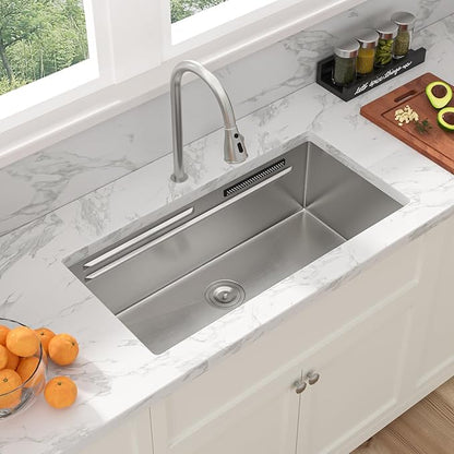 Sarlai 33 Inch Waterfall Kitchen Sink - Undermount Kitchen Sink With Waterfall Ledge Workstation Stainless Steel 16 Gauge Multifunction Single Bowl Under Mount Sinks Basin with Faucet