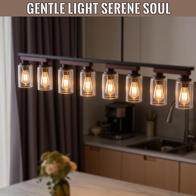 8-Light Kitchen Island Lighting & Farmhouse Dining Room Light Fixtures Over Table, 60in Rustic Linear Chandelier Adjustable Ceiling Hanging Pendant - Rotating Design, Customizable Shapes, Clear Glass
