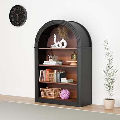 Ball & Cast 45.66" Tall Arched Storage Cabinet,Modern 4-Tier Wooden Display Cabinet with Open Shelves,Versatile Floor Bookcase Cabinet Organizer for Library,Living Room, Office, Black