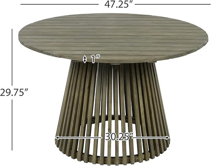 Merax Outdoor Dining Table 47.25" Round Extra-Large Acacia Wood Patio Dining Table for Backyard Lawn Balcony, Aesthetic Slat Base Design, Grey Finish