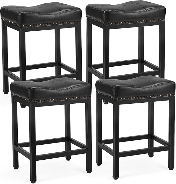 DUMOS Saddle Bar Stools Set of 4, 24 Inch Counter Height Stools with Curved PU Leather Surface, 3.7" Thick Upholstery Bar Height Stools with Footrest for Kitchen Island, Dining, Cafe, Black