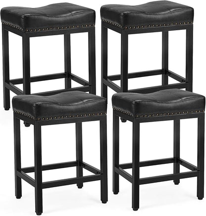 DUMOS Saddle Bar Stools Set of 4, 24 Inch Counter Height Stools with Curved PU Leather Surface, 3.7" Thick Upholstery Bar Height Stools with Footrest for Kitchen Island, Dining, Cafe, Black