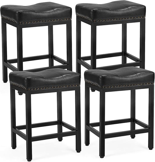 DUMOS Saddle Bar Stools Set of 4, 24 Inch Counter Height Stools with Curved PU Leather Surface, 3.7" Thick Upholstery Bar Height Stools with Footrest for Kitchen Island, Dining, Cafe, Black