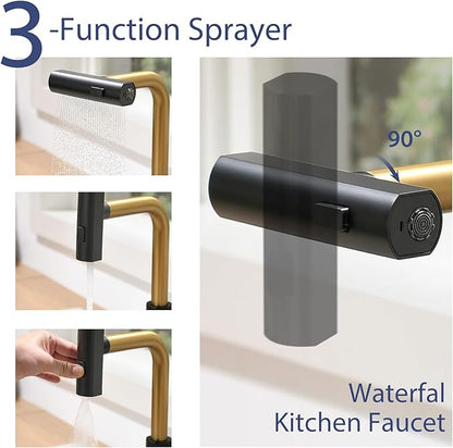 CENOSA Kitchen Faucet with Pull Down Sprayer Waterfall Single Hole Kitchen Sink Faucet Stainless Steel Modern Kitchen Faucets Black and Gold