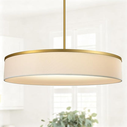 23.6 Inch Integrated LED Drum Chandeliers, 2800K Modern Fabric Pendant Light Fixture, White Linen and Gold Finish, Large Semi Flush Mount Lighting for Dining Room Bedroom Kitchen Entryway