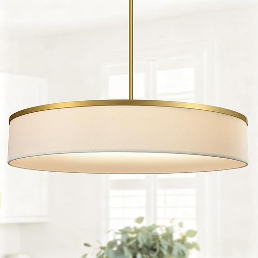 23.6 Inch Integrated LED Drum Chandeliers, 2800K Modern Fabric Pendant Light Fixture, White Linen and Gold Finish, Large Semi Flush Mount Lighting for Dining Room Bedroom Kitchen Entryway