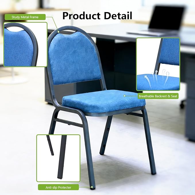 Stackable Banquet Dining Chairs 4 Pack, Upholstered Crown Back Event Chairs with Blue Fabric Seat, Heavy Duty Steel Frame, 300 lb Capacity, No Assembly, for Restaurant Wedding Conference