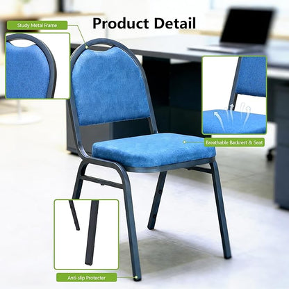 Stackable Banquet Dining Chairs 4 Pack, Upholstered Crown Back Event Chairs with Blue Fabric Seat, Heavy Duty Steel Frame, 300 lb Capacity, No Assembly, for Restaurant Wedding Conference