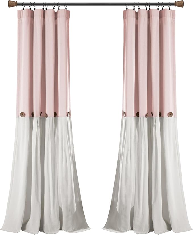 Lush Decor Linen Button Window Curtain Panel, Single, 40" W x 84" L, Blush & White - Country Curtains - Rustic Decor - Color Block Modern Farmhouse Curtains For Living Room, Bedroom & Dining Room