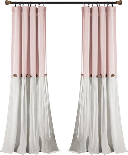 Lush Decor Linen Button Window Curtain Panel, Single, 40" W x 84" L, Blush & White - Country Curtains - Rustic Decor - Color Block Modern Farmhouse Curtains For Living Room, Bedroom & Dining Room