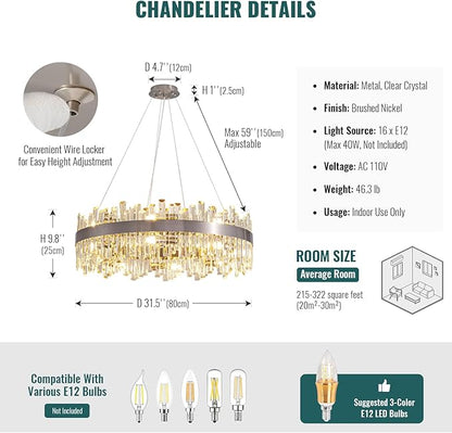 Siljoy Modern Crystal Chandelier 16-Light Brushed Nickel 2-Tiers K9 Crystal Raindrop Chandelier Luxury Flush Mount Crystal Pendant Ceiling Light Fixture for Dining Living Room Entryway Foyer D31.5''