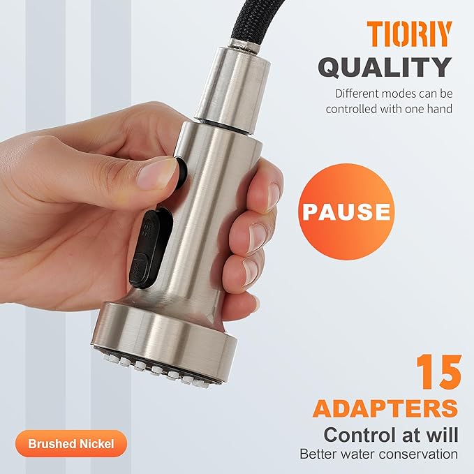 TIORIY with 15 Adapters Pull Down Kitchen Sink Faucet Head Replacement, 3 Functions Plastic Kitchen Sink Sprayer Nozzle Replacement for Kitchen Faucet, Pause Mode (Brushed Nickel)