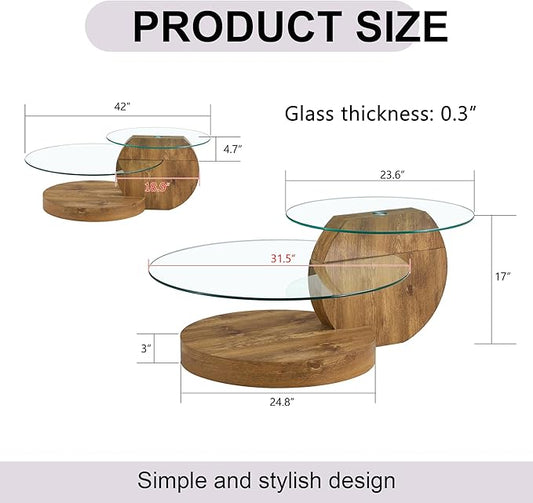 Glass Coffee Table, Modern Round Glass Coffee Table with Wooden Base, 3 Tier Round Coffee Table, Clear Cocktail Table with Storage for Living Room, Office, Balcony (42″ Wood)