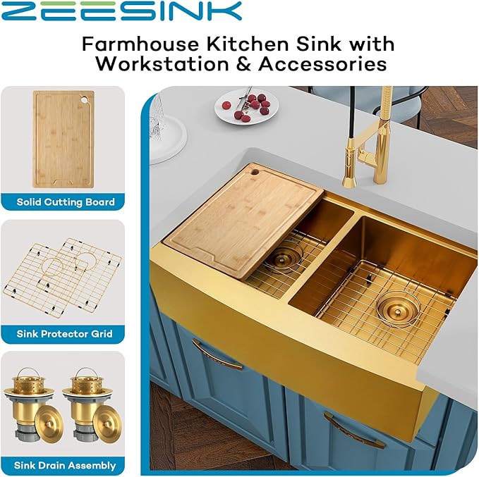 Gold Farmhouse Sink 33" X 20",Gold Kitchen Sink Double Bowl,33 inch Apron-Front Farmhouse Workstation Sinks,16 Gauge Stainless Steel Double Kitchen Sink
