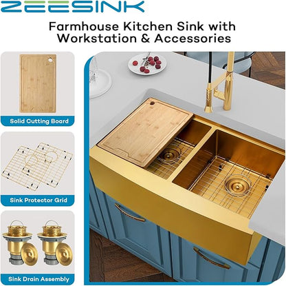 Gold Farmhouse Sink 33" X 20",Gold Kitchen Sink Double Bowl,33 inch Apron-Front Farmhouse Workstation Sinks,16 Gauge Stainless Steel Double Kitchen Sink