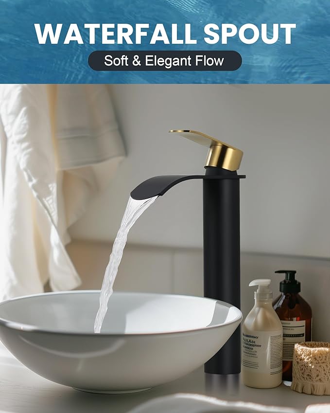 Vessel Sink Faucet Black and Gold：WOWOW Single Handle Tall Bathroom Faucet - Waterfall Single Hole Mixer Bar Tap with Large Rectangular Spout, Deck Mount Lavatory Vanity with Pop Up Drain