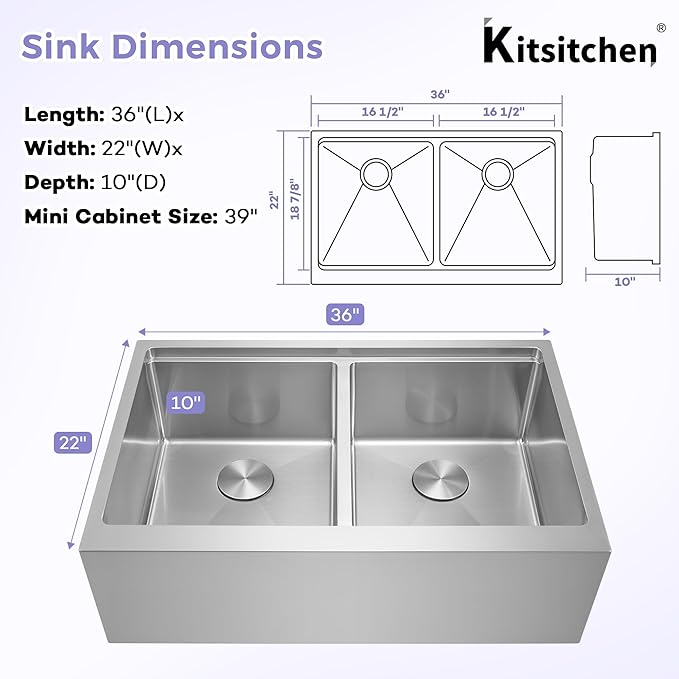 Kitsitchen Undermount Kitchen Sink 36 Inch, Large Farmhouse Workstation Apron Front Kitchen Sink,16 Gauge Stainless Steel 10" Deep Double Bowl Farm Kitchen Sinks with Ledge & Accessories
