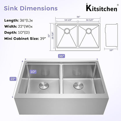 Kitsitchen Undermount Kitchen Sink 36 Inch, Large Farmhouse Workstation Apron Front Kitchen Sink,16 Gauge Stainless Steel 10" Deep Double Bowl Farm Kitchen Sinks with Ledge & Accessories