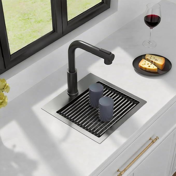 Kichae Black Drop In Bar Sink- 15x15 Small Overmount Topmount Stainless Steel Single Bowl Ledge Workstation Bar Prep Handmade Basin