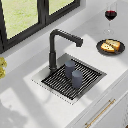 Kichae Black Drop In Bar Sink- 15x15 Small Overmount Topmount Stainless Steel Single Bowl Ledge Workstation Bar Prep Handmade Basin