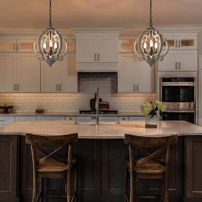 LALUZ Farmhouse Chandelier, 3-Light Rustic Orb Pendant Lights Lantern Lighting, 15.5'' Distressed Wood Chandeliers Hanging Light Fixtures for Dining & Living Room, Kitchen Island, Bedrooms, Foyer