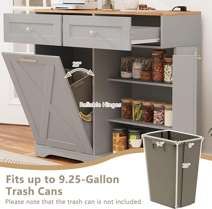Giantex Kitchen Island with Tilt Out Trash Can Storage & Power Outlet, 39.5" W Island Table with 2 Drawers, 2-Tier Spice Racks, Adjustable Shelf for Dining Room, Laundry Room (Grey+Walnut)
