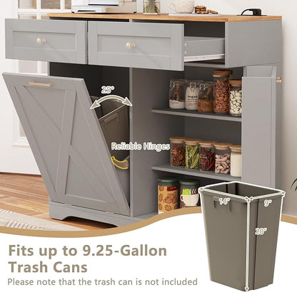 Giantex Kitchen Island with Tilt Out Trash Can Storage & Power Outlet, 39.5" W Island Table with 2 Drawers, 2-Tier Spice Racks, Adjustable Shelf for Dining Room, Laundry Room (Grey+Walnut)